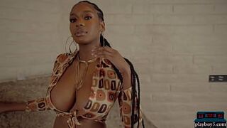 Huge boobs black babe shows off her amazing body with hairy pussy for Playboy