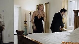 Blonde milf is teasing her husband by shaking her big tits on his faces.The guy sucks on them and licks her hairy pussy while shes sucking his cock.
