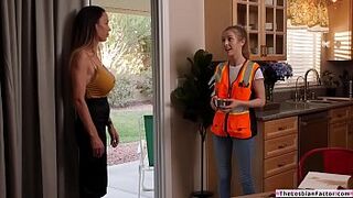 A brunette milf toys and eats blonde civil workers hairy cunt
