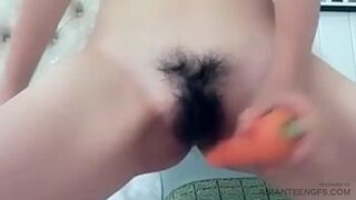 Cattot in pussy, cucumber in vagina: Asian teen explores kitchen